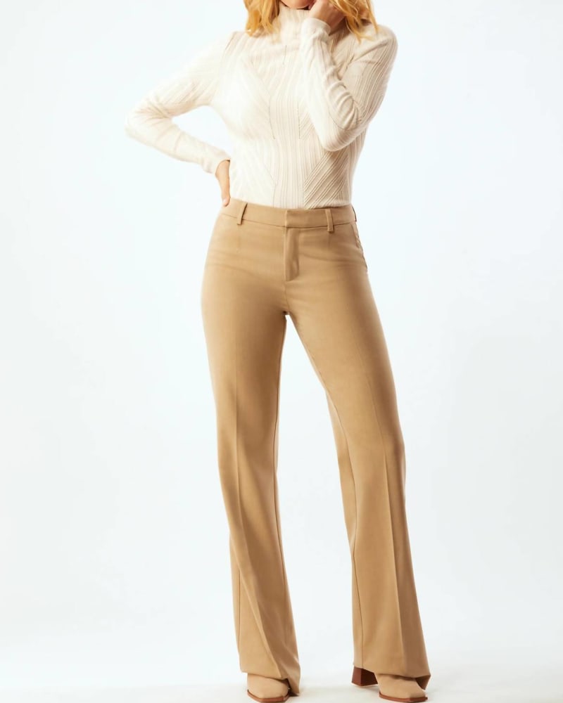 Front of a model wearing a size 10 New Courtland Trouser In Camel in Camel by Ecru. | dia_product_style_image_id:357775